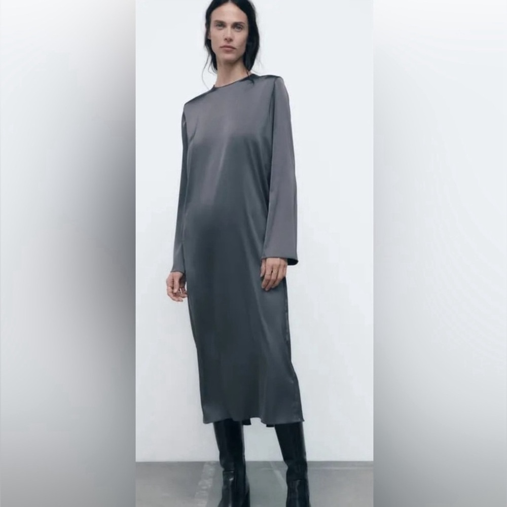 NWOT- Zara Gunmetal Poly Satin Midi Column Dress